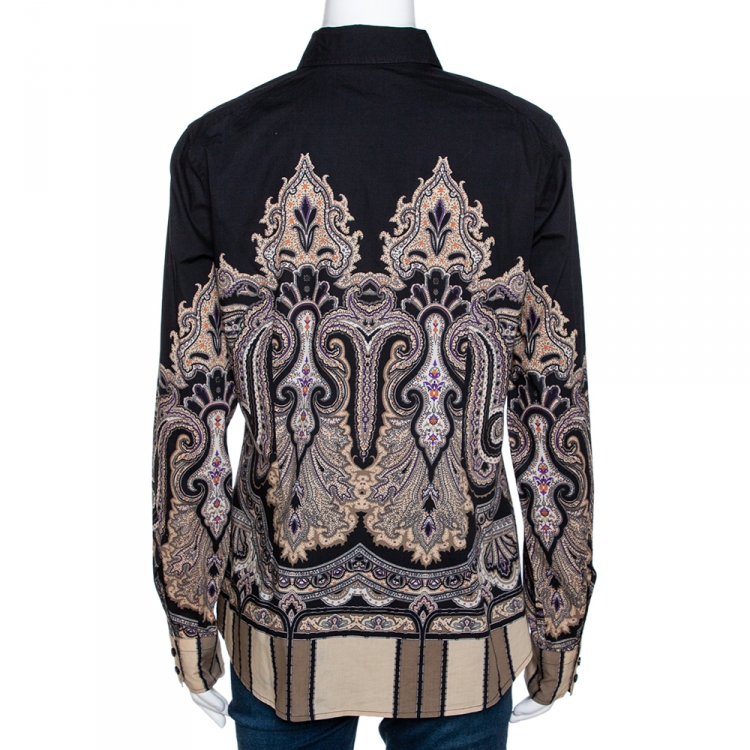 Pre Owned Etro Black & Beige Paisley Printed Stretch Cotton Button Front Shirt L