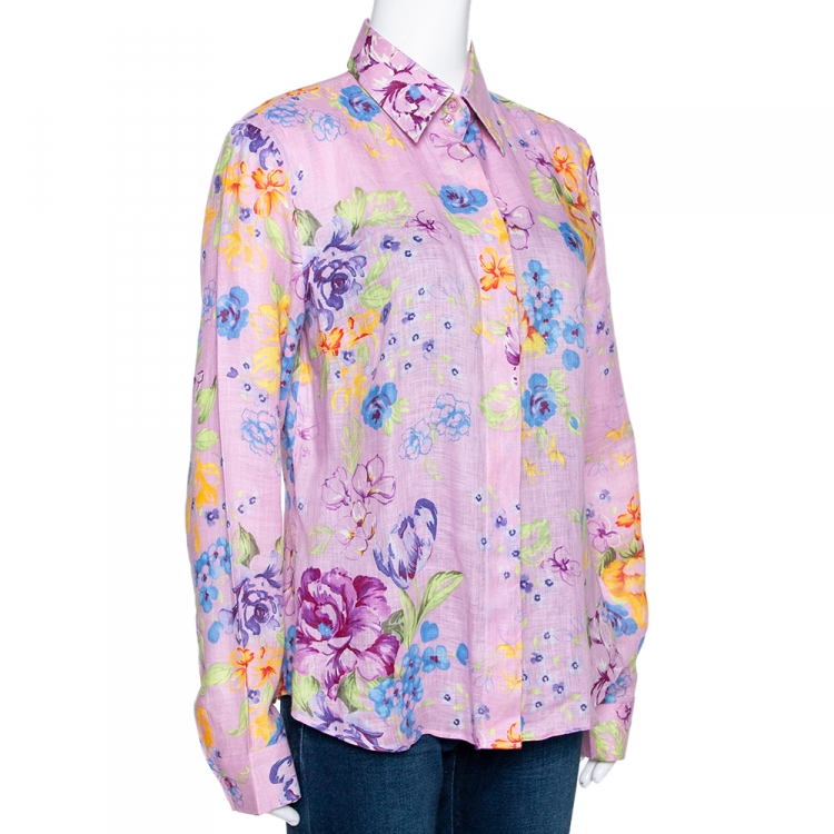 Pre Owned Etro Pink Floral Printed Linen Button Front Shirt L