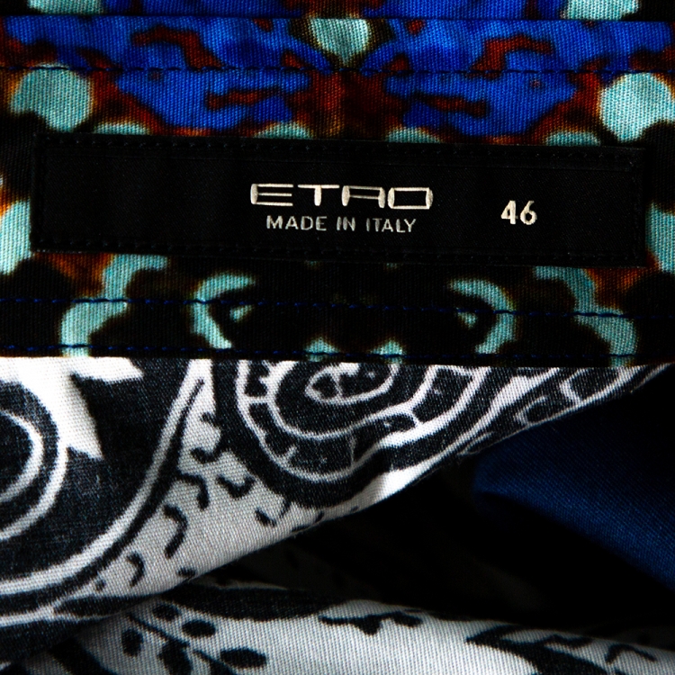 Pre Owned Etro Midnight Blue Tribal Accent Paisley Print Stretch Cotton Shirt L