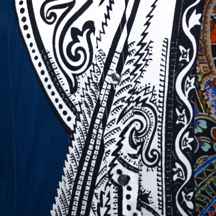 Pre Owned Etro Midnight Blue Tribal Accent Paisley Print Stretch Cotton Shirt L