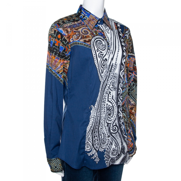 Pre Owned Etro Midnight Blue Tribal Accent Paisley Print Stretch Cotton Shirt L