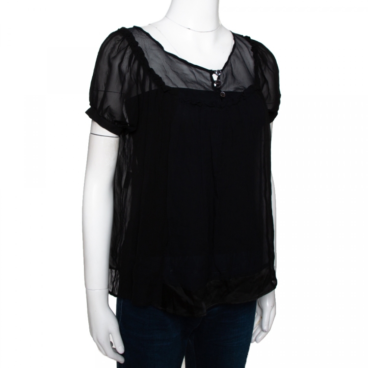 Pre Owned Etro Black Silk Chiffon Gathered Sheer Blouse S