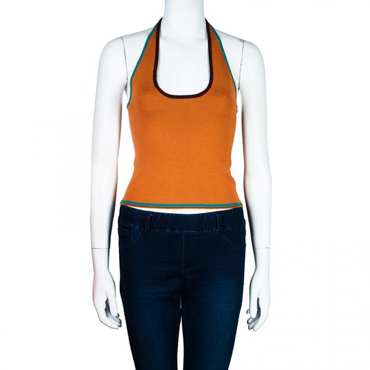 Pre Owned Etro Orange Ribbed Knit Halterneck Top M