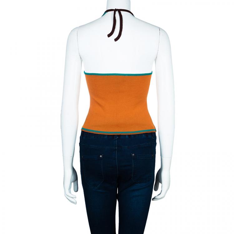 Pre Owned Etro Orange Ribbed Knit Halterneck Top M