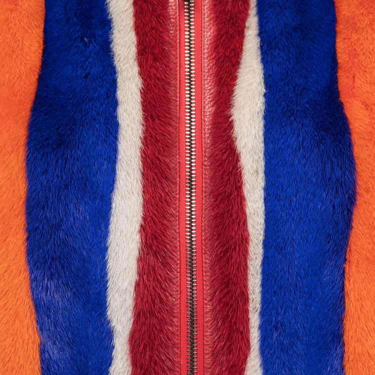Pre Owned Etro Orange Striped Mink Fur Zip Front Jacket M