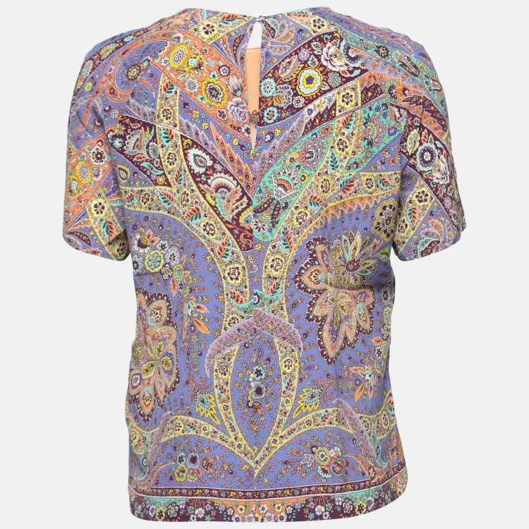 Pre Owned Etro Purple Paisley Print Silk Short Sleeve Top M