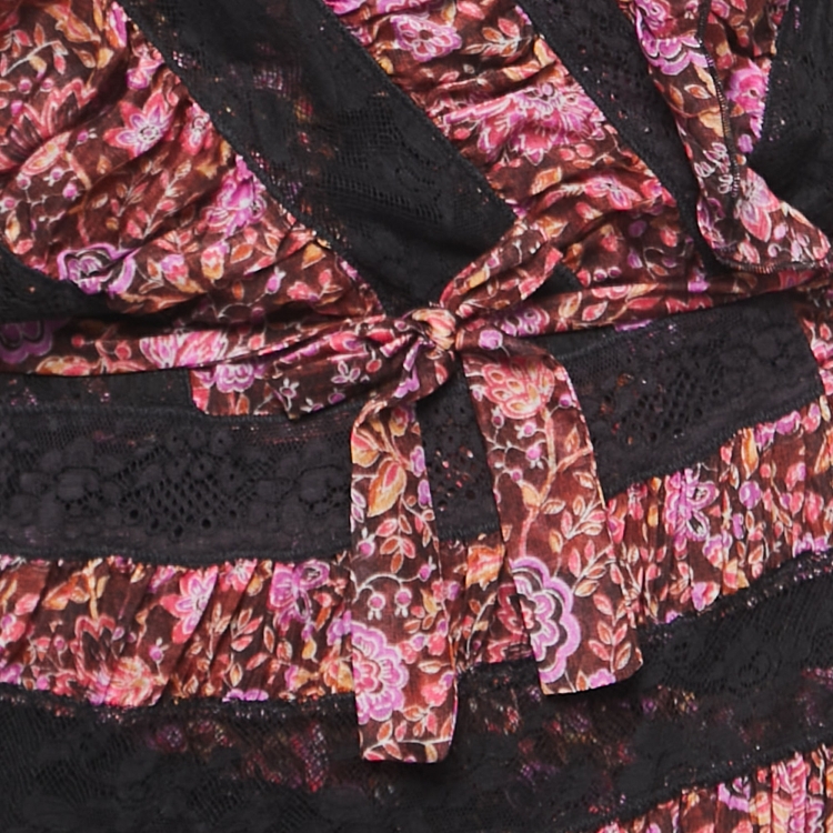 Pre Owned Etro Black Floral Printed Cotton and Lace Wrap Maxi Dress L