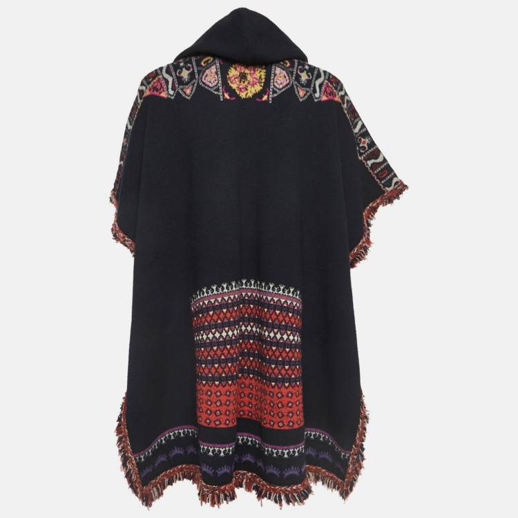 Pre Owned Etro Black Patterned Wool Fringe Detail Hooded Cardigan M
