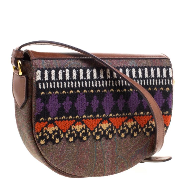 Pre Owned Etro Brown Paisley Coated Canvas Crochet Detail Shoulder Bag