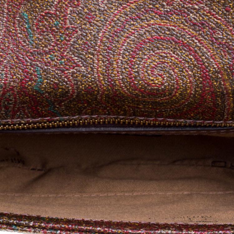 Pre Owned Etro Brown Paisley Coated Canvas Crochet Detail Shoulder Bag