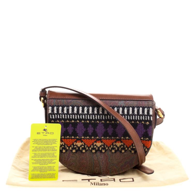 Pre Owned Etro Brown Paisley Coated Canvas Crochet Detail Shoulder Bag