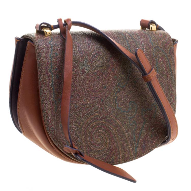 Pre Owned Etro Brown Paisley Printed Leather Crossbody Bag