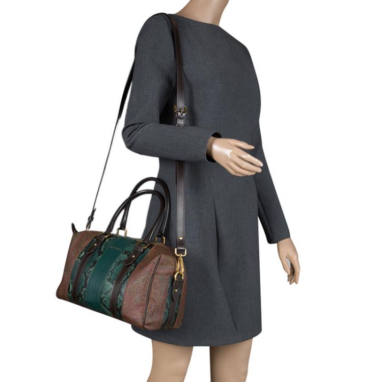 Pre Owned Etro Green Paisley Print and Python Embossed Leather Bowling Bag