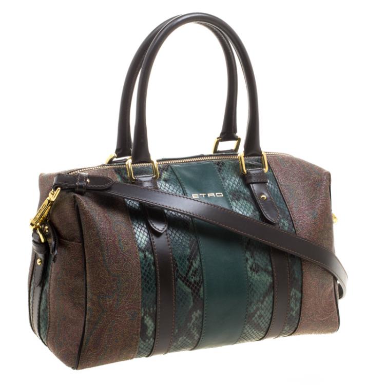 Pre Owned Etro Green Paisley Print and Python Embossed Leather Bowling Bag