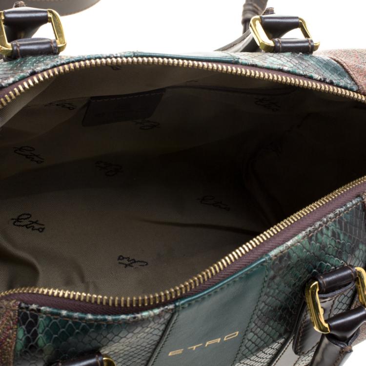 Pre Owned Etro Green Paisley Print and Python Embossed Leather Bowling Bag