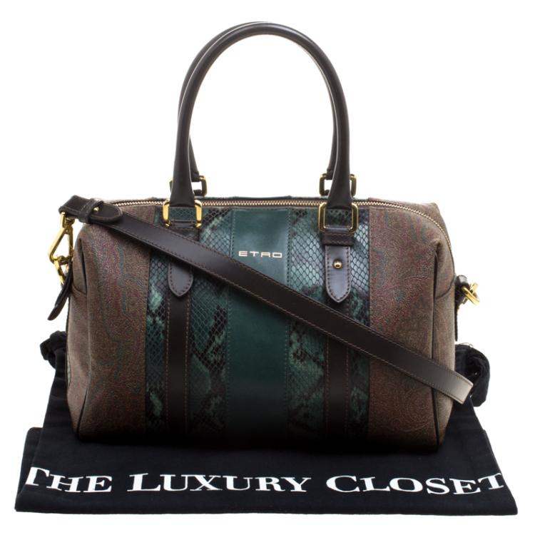 Pre Owned Etro Green Paisley Print and Python Embossed Leather Bowling Bag