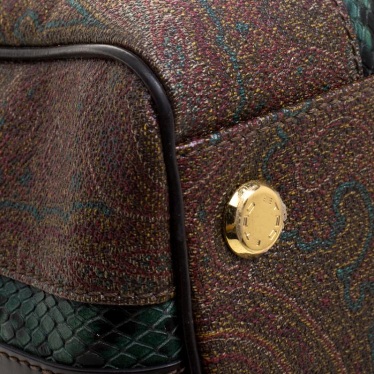 Pre Owned Etro Green Paisley Print and Python Embossed Leather Bowling Bag
