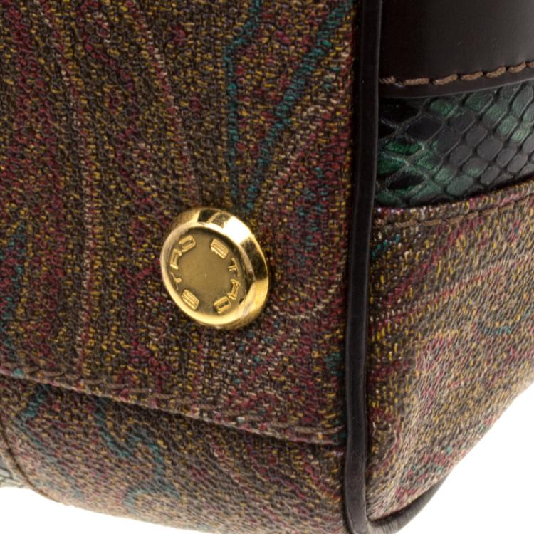 Pre Owned Etro Green Paisley Print and Python Embossed Leather Bowling Bag