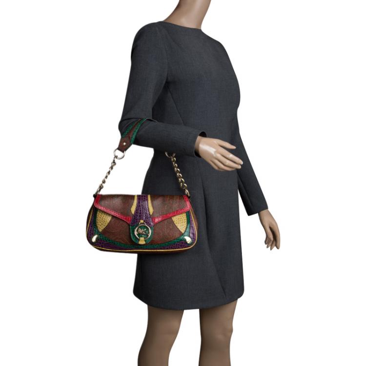 Pre Owned Etro Multicolor Paisley Printed Croc Embossed Leather Shoulder Bag