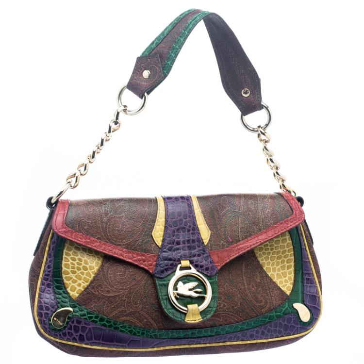 Pre Owned Etro Multicolor Paisley Printed Croc Embossed Leather Shoulder Bag