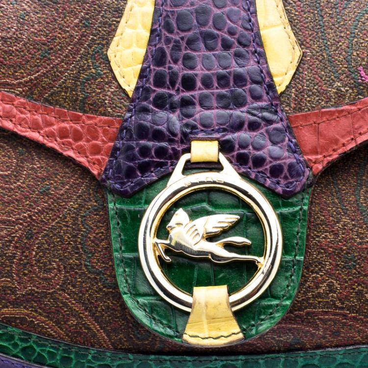 Pre Owned Etro Multicolor Paisley Printed Croc Embossed Leather Shoulder Bag