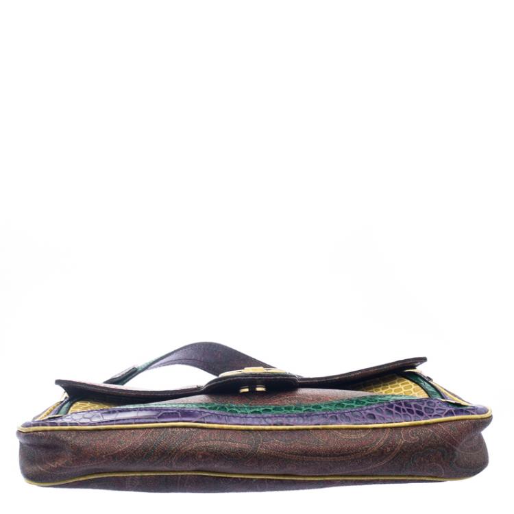 Pre Owned Etro Multicolor Paisley Printed Croc Embossed Leather Shoulder Bag