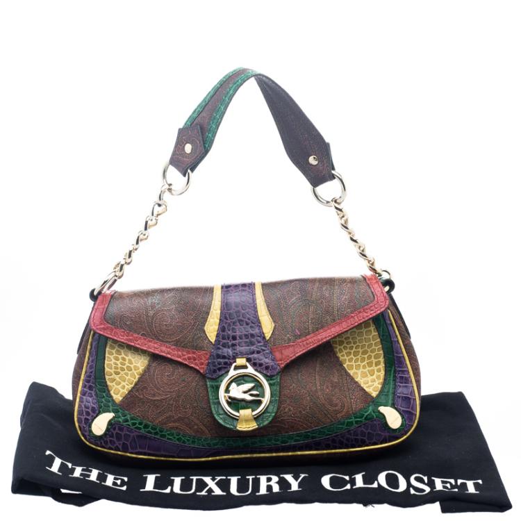 Pre Owned Etro Multicolor Paisley Printed Croc Embossed Leather Shoulder Bag