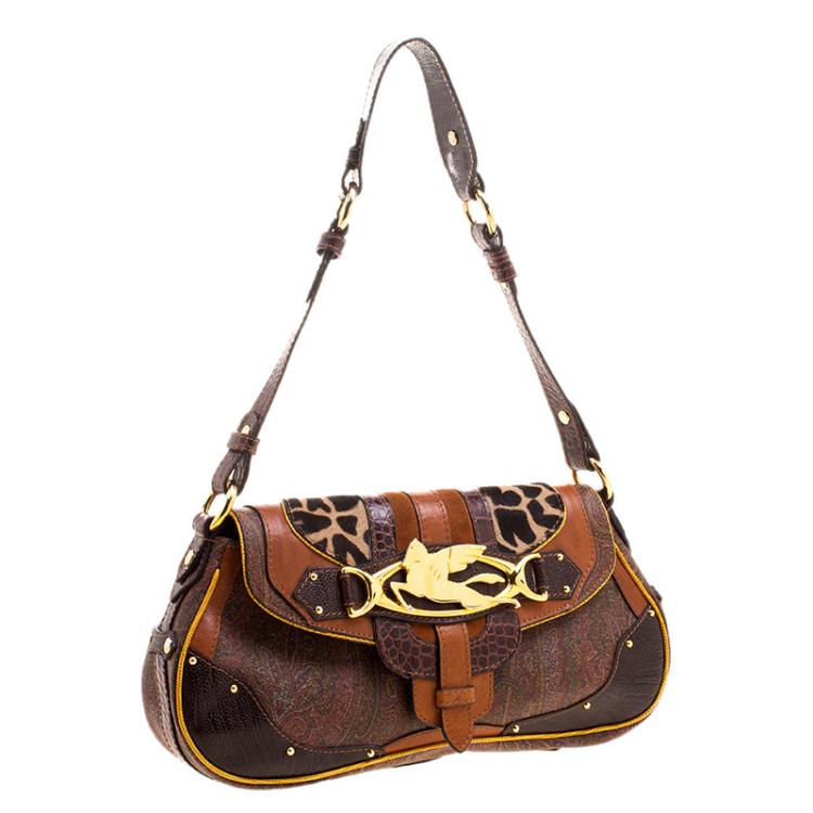 Pre Owned Etro Multicolor Paisley Print Coated Canvas Exotic Embossed Leather Shoulder Bag