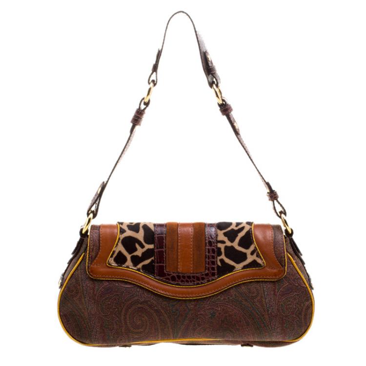 Pre Owned Etro Multicolor Paisley Print Coated Canvas Exotic Embossed Leather Shoulder Bag