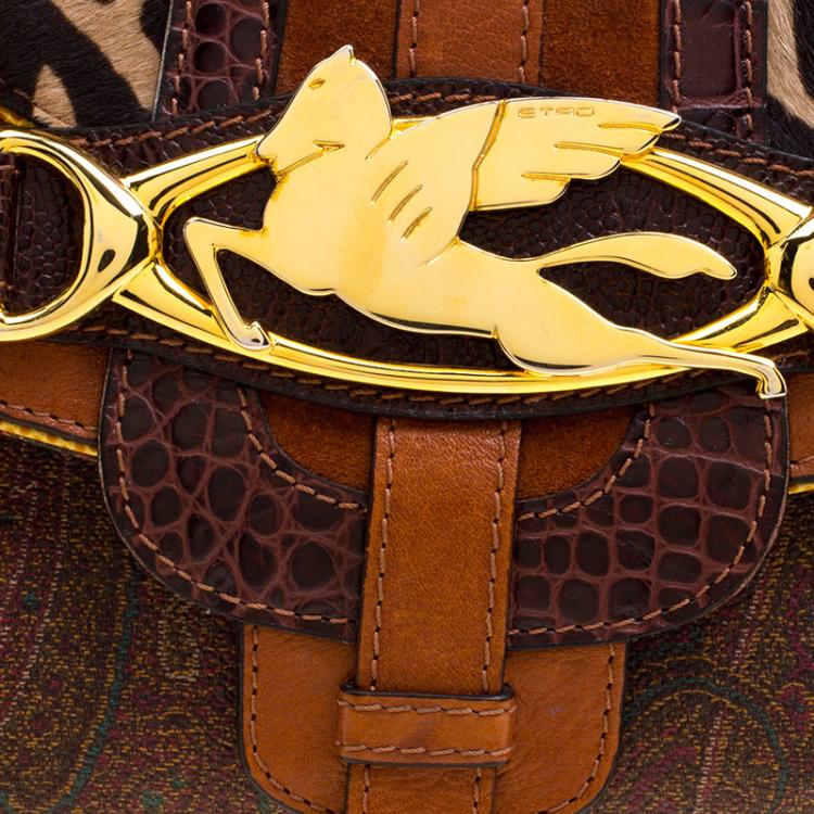 Pre Owned Etro Multicolor Paisley Print Coated Canvas Exotic Embossed Leather Shoulder Bag