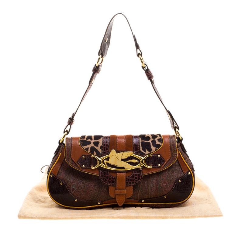 Pre Owned Etro Multicolor Paisley Print Coated Canvas Exotic Embossed Leather Shoulder Bag