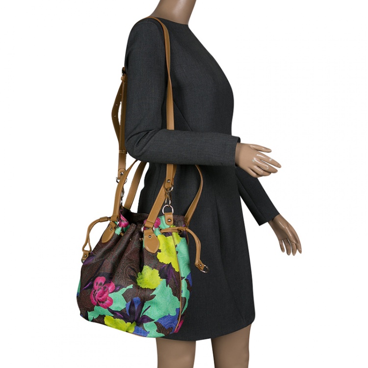 Pre Owned Etro Paisley and Floral Printed Coated Canvas and Leather Bucket Shoulder Bag