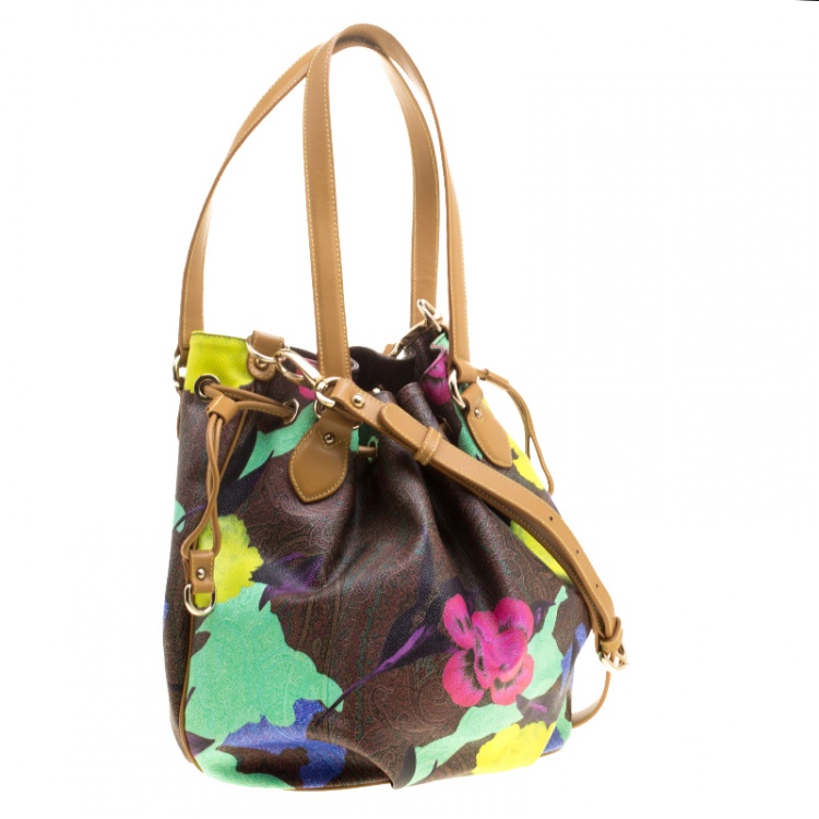 Pre Owned Etro Paisley and Floral Printed Coated Canvas and Leather Bucket Shoulder Bag