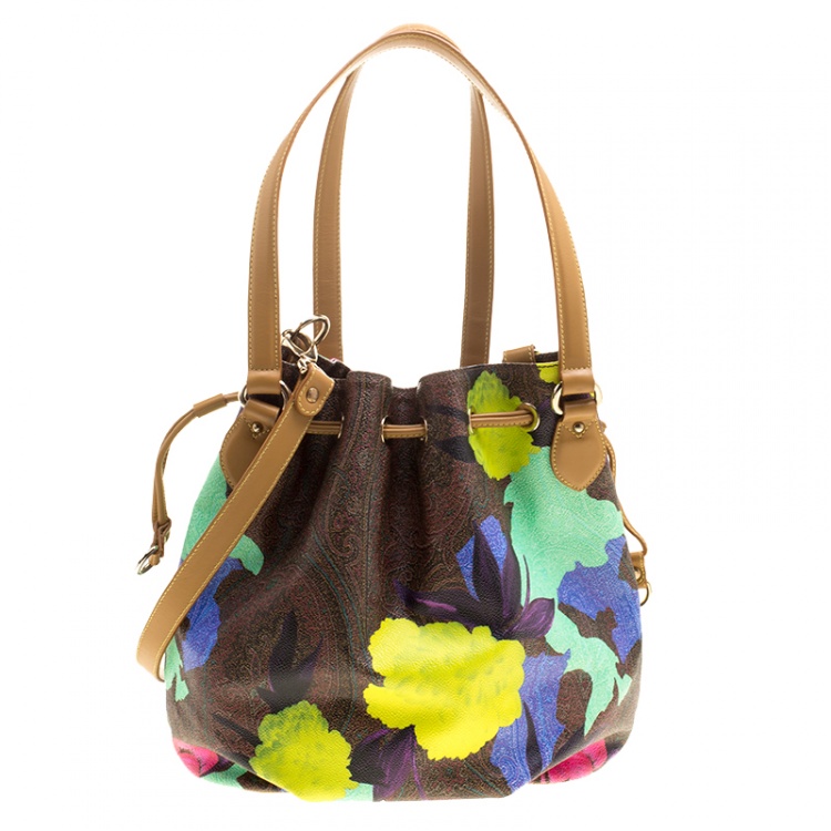 Pre Owned Etro Paisley and Floral Printed Coated Canvas and Leather Bucket Shoulder Bag