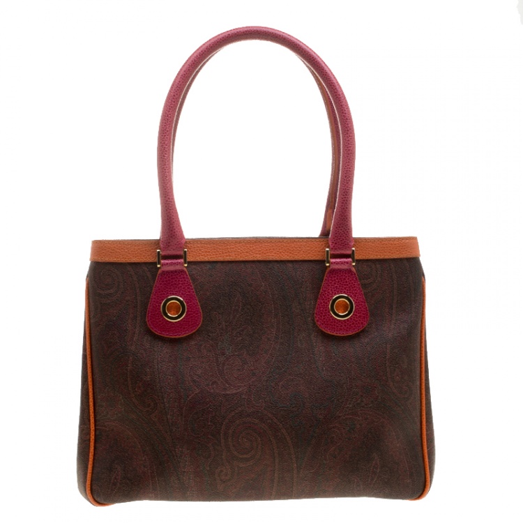 Pre Owned Etro Brown Multicolor Paisley Caoted Canvas Double Pocket Tote