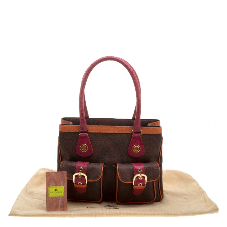 Pre Owned Etro Brown Multicolor Paisley Caoted Canvas Double Pocket Tote