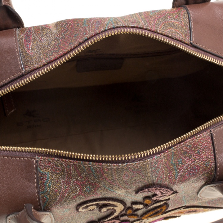 Pre Owned Etro Brown Paisley Printed Coated Canvas Embroidered Boston Bag