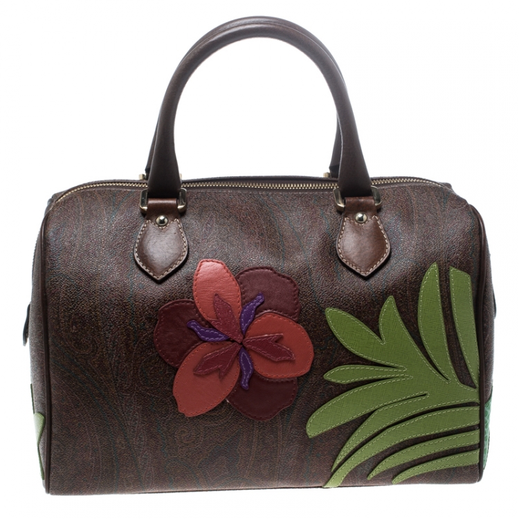 Pre Owned Etro Brown/Multicolor Paisley Printed Coated Canvas Embroidered Boston Bag