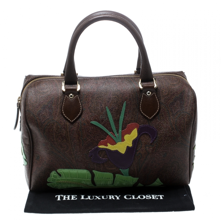 Pre Owned Etro Brown/Multicolor Paisley Printed Coated Canvas Embroidered Boston Bag