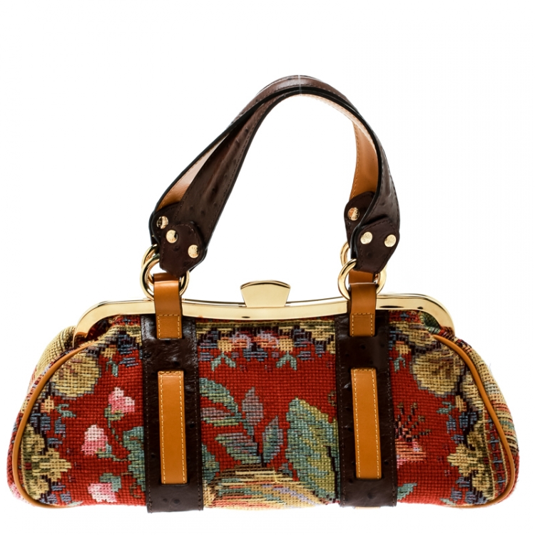 Pre Owned Etro Multicolor Fabric and Ostrich Embossed Leather Frame Satchel