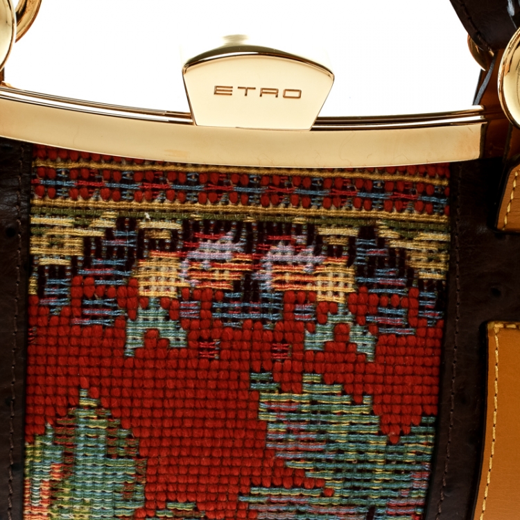 Pre Owned Etro Multicolor Fabric and Ostrich Embossed Leather Frame Satchel