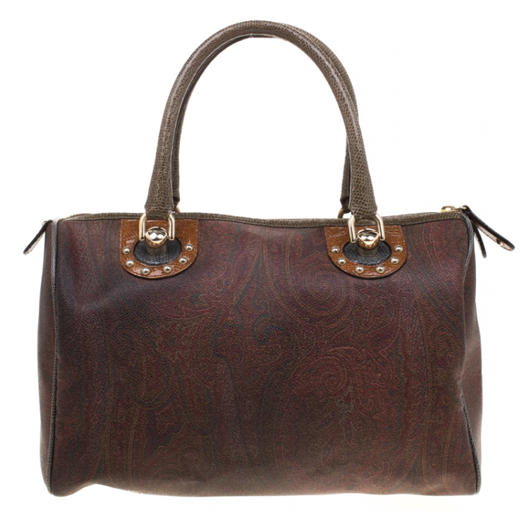 Pre Owned Etro Brown Paisley Printed Coated Canvas Boston Bag