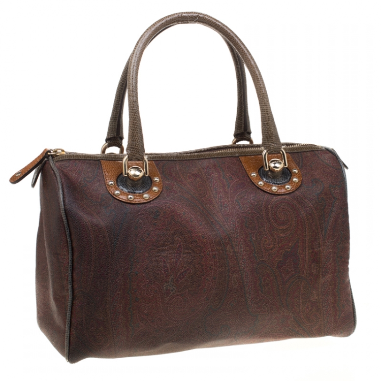 Pre Owned Etro Brown Paisley Printed Coated Canvas Boston Bag
