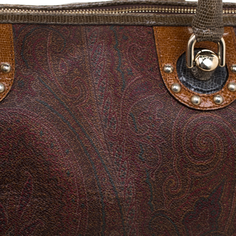 Pre Owned Etro Brown Paisley Printed Coated Canvas Boston Bag