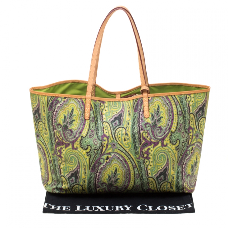 Pre Owned Etro Green Paisley Printed Coated Canvas Shopper Tote