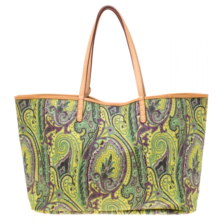 Pre Owned Etro Green Paisley Printed Coated Canvas Shopper Tote