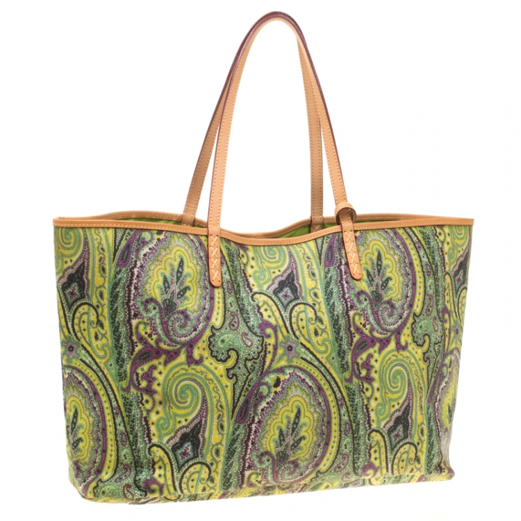 Pre Owned Etro Green Paisley Printed Coated Canvas Shopper Tote