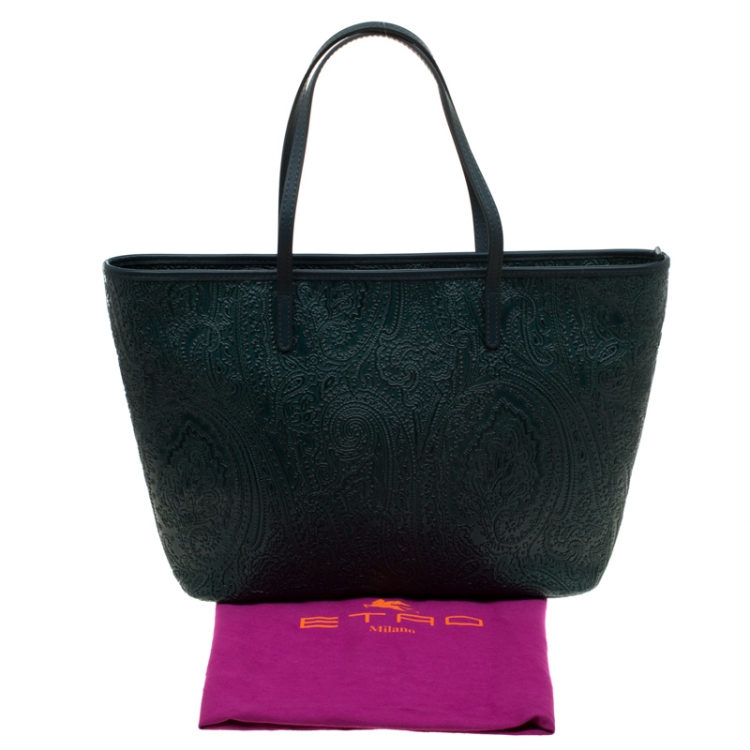 Pre Owned Etro Green Leather Paisley Embossed Shopper Tote
