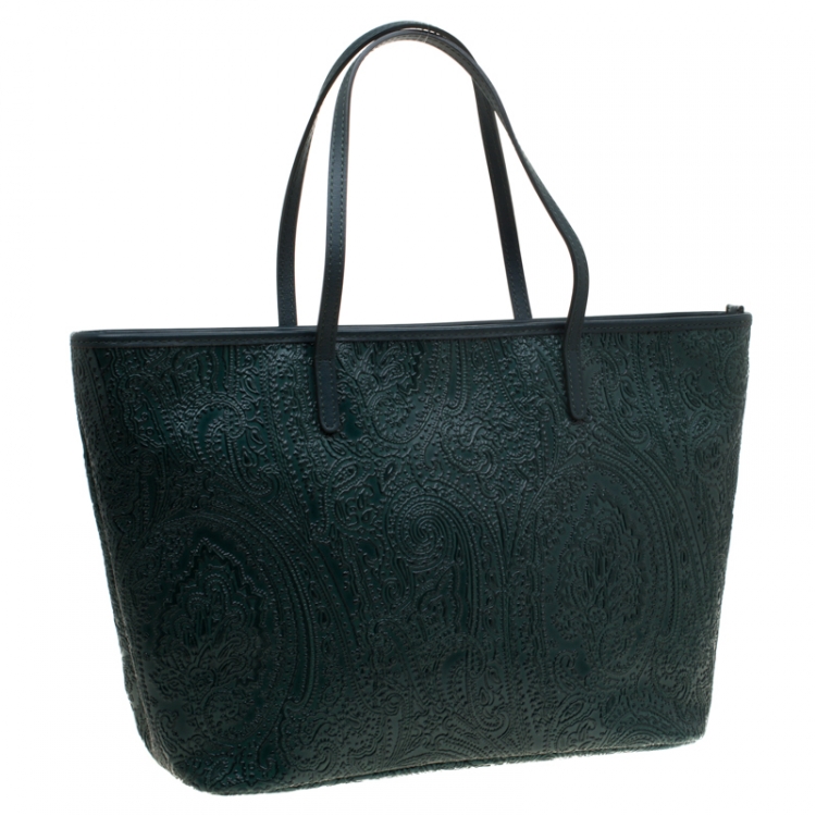 Pre Owned Etro Green Leather Paisley Embossed Shopper Tote