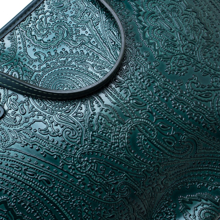 Pre Owned Etro Green Leather Paisley Embossed Shopper Tote